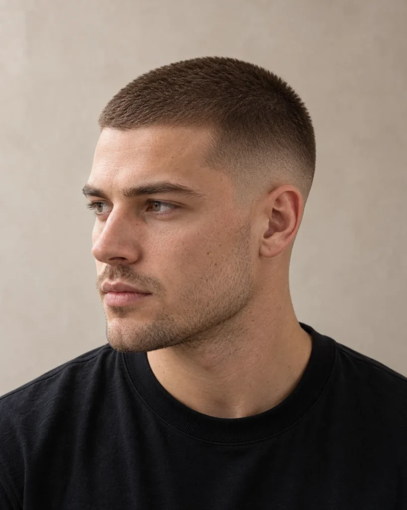 Korte buzz cut met gelijkmatig geknipt haar en nette contouren — AI-gegenereerd demobeeld