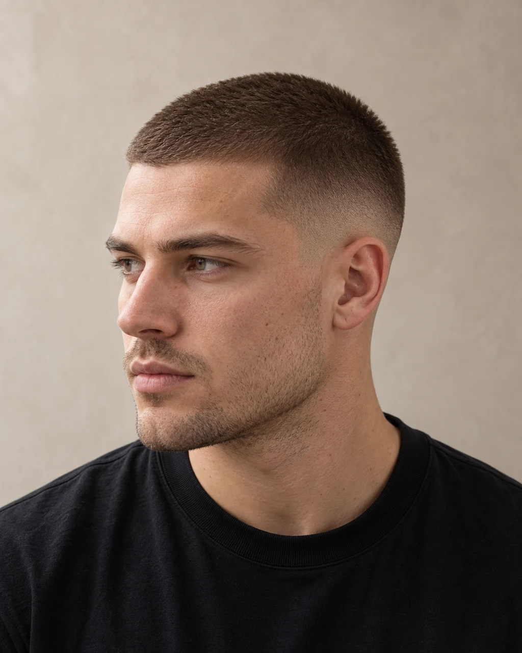 Korte buzz cut met gelijkmatig geknipt haar en nette contouren — AI-gegenereerd demobeeld
