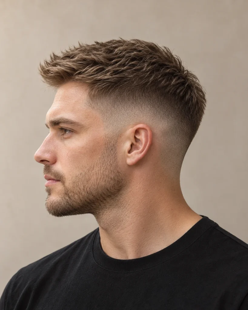 Mid fade met een korte getextureerde bovenkant en geleidelijke zijkanten — AI-gegenereerd demobeeld