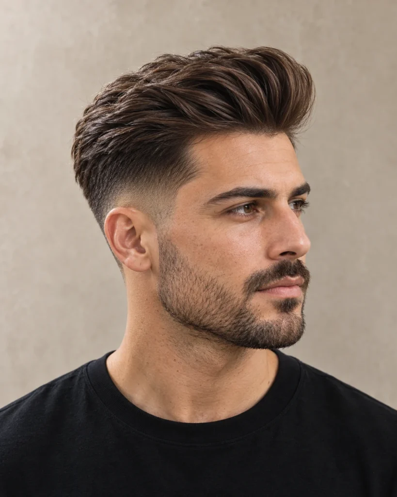 Moderne pompadour met volume aan de voorkant en korte zijkanten — AI-gegenereerd demobeeld