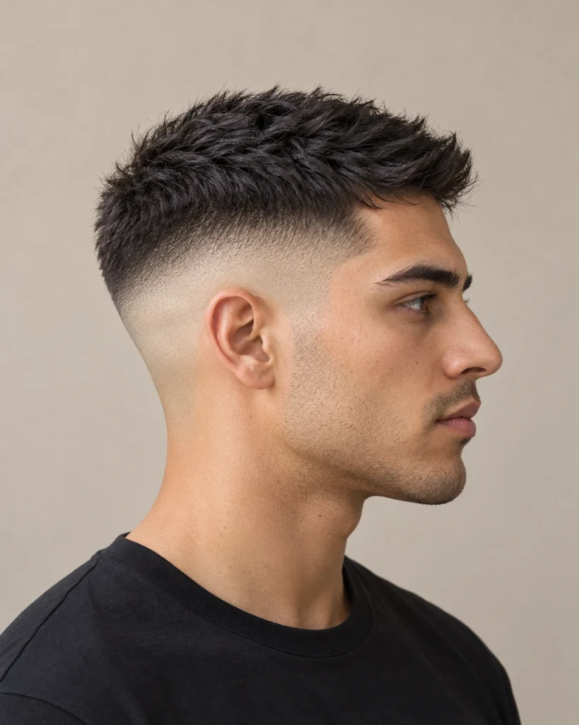 Skin fade met een korte donkere bovenkant en glad geschoren zijkanten — AI-gegenereerd demobeeld